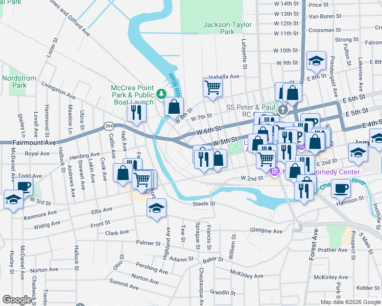 map of restaurants, bars, coffee shops, grocery stores, and more near 51 Fairmount Avenue in Jamestown
