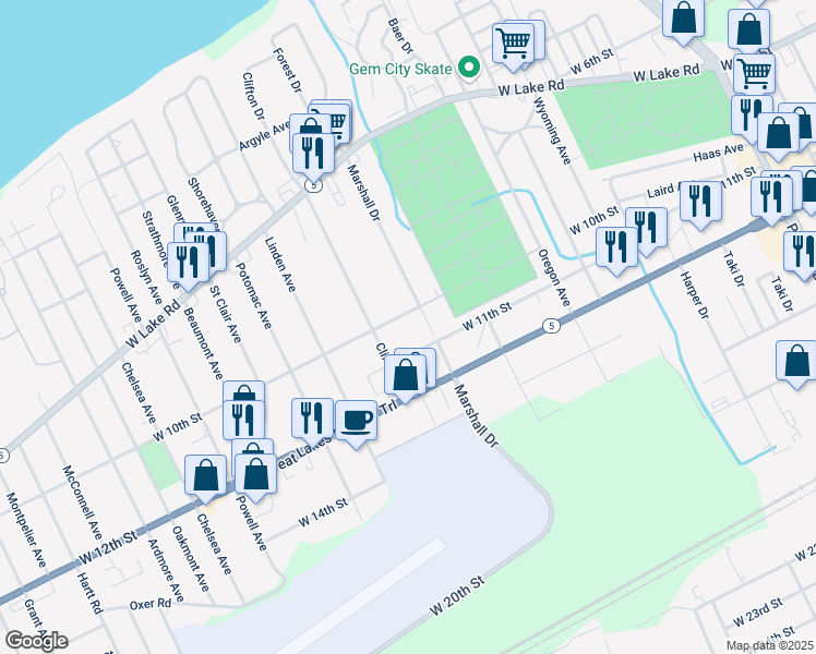 map of restaurants, bars, coffee shops, grocery stores, and more near 3412 West 11th Street in Erie
