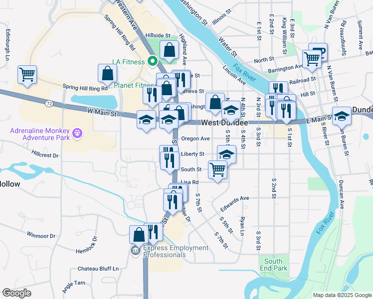 map of restaurants, bars, coffee shops, grocery stores, and more near 304 South 7th Street in West Dundee