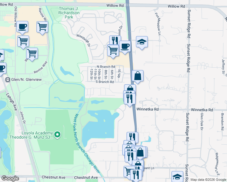 map of restaurants, bars, coffee shops, grocery stores, and more near 1723 Wildberry Drive in Glenview