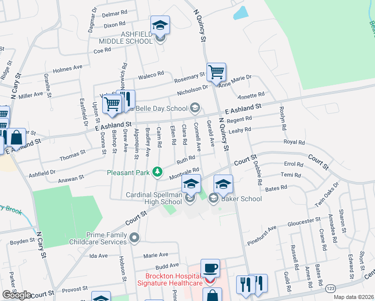 map of restaurants, bars, coffee shops, grocery stores, and more near 15 Clara Road in Brockton