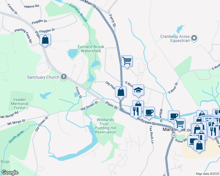 map of restaurants, bars, coffee shops, grocery stores, and more near 35 Old Plain Street in Marshfield
