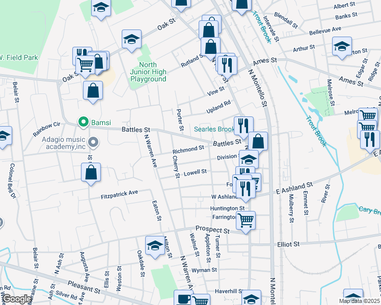 map of restaurants, bars, coffee shops, grocery stores, and more near 117 Division Street in Brockton