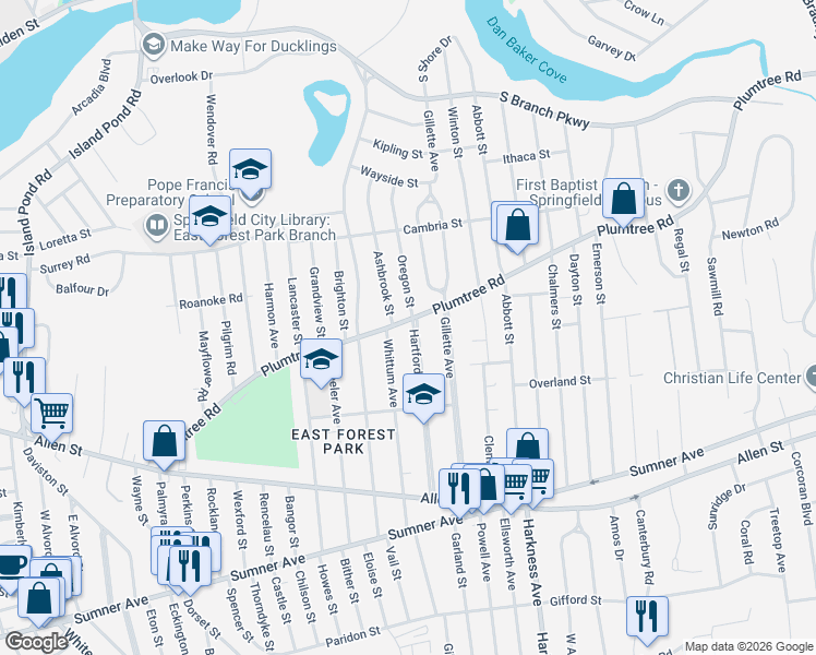 map of restaurants, bars, coffee shops, grocery stores, and more near 170 Hartford Terrace in Springfield