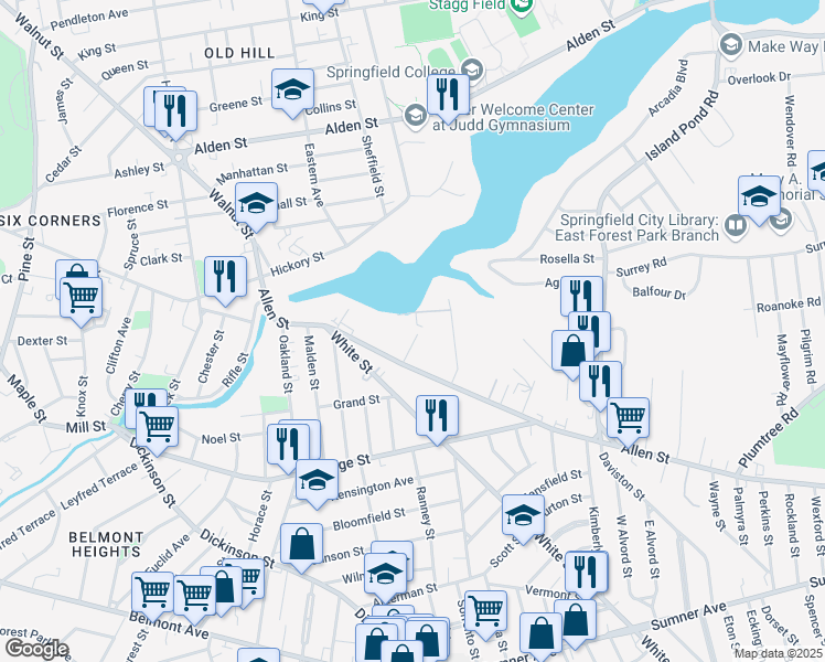 map of restaurants, bars, coffee shops, grocery stores, and more near 19 Hunt Street in Springfield