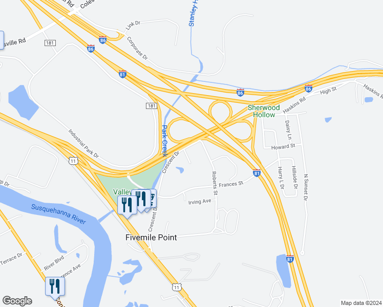 map of restaurants, bars, coffee shops, grocery stores, and more near 18 Roberts Street in Kirkwood