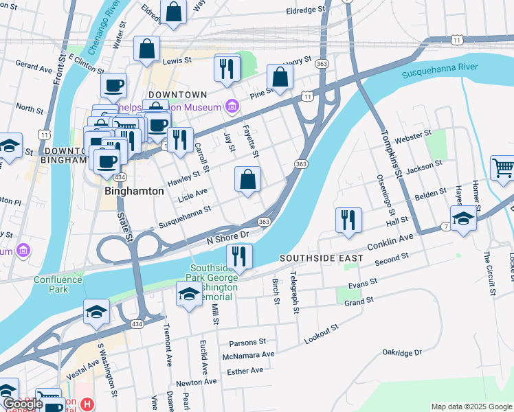 map of restaurants, bars, coffee shops, grocery stores, and more near 16 Tudor Street in Binghamton