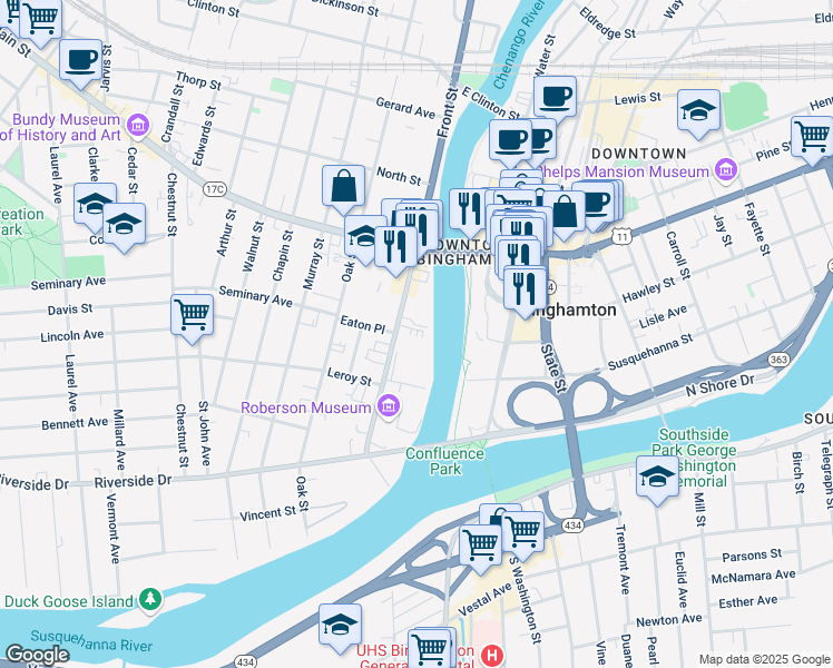 map of restaurants, bars, coffee shops, grocery stores, and more near 62 Front Street in Binghamton