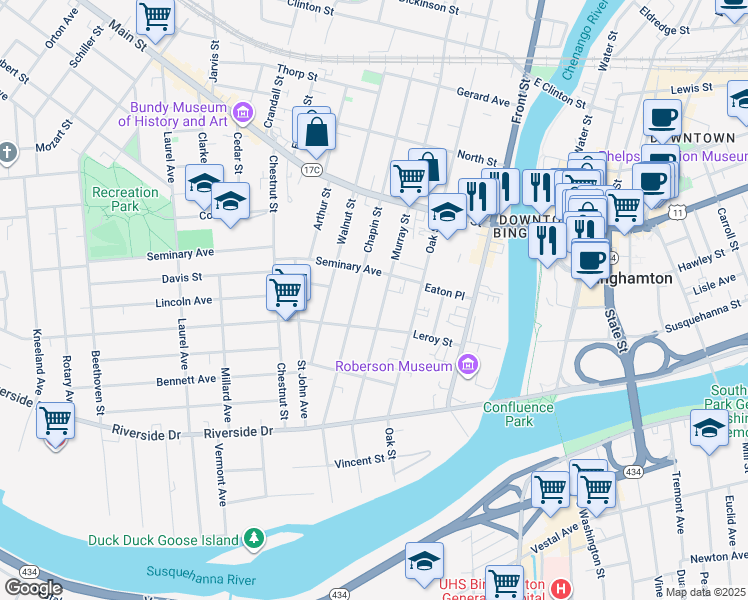 map of restaurants, bars, coffee shops, grocery stores, and more near 77 Murray Street in Binghamton