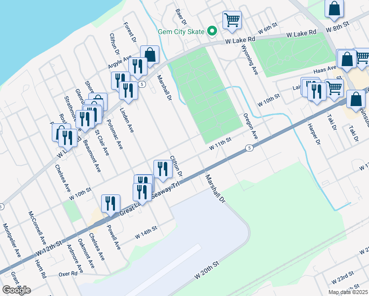 map of restaurants, bars, coffee shops, grocery stores, and more near 3412 West 11th Street in Erie