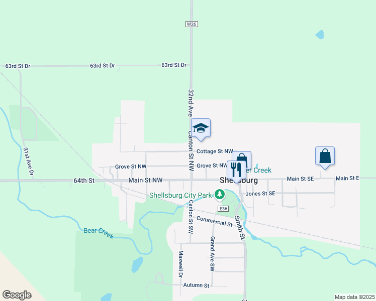 map of restaurants, bars, coffee shops, grocery stores, and more near 204 Canton Street Northwest in Shellsburg
