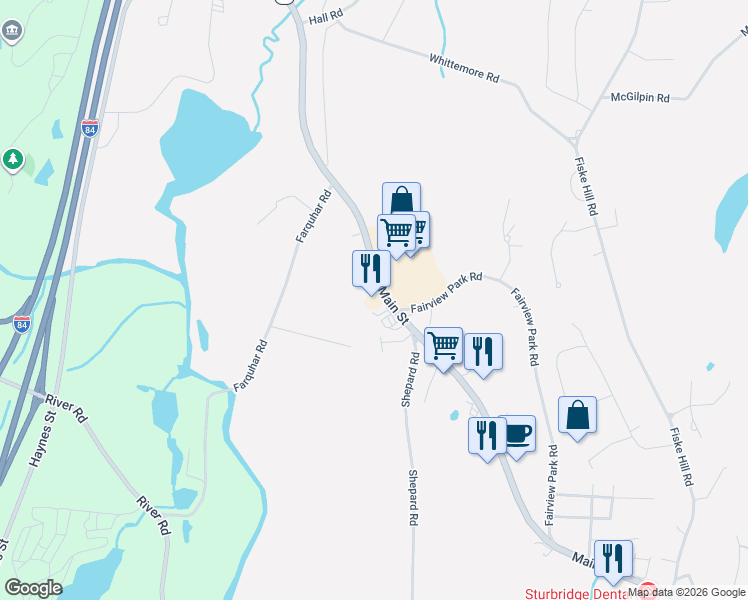 map of restaurants, bars, coffee shops, grocery stores, and more near 179 Main Street in Sturbridge