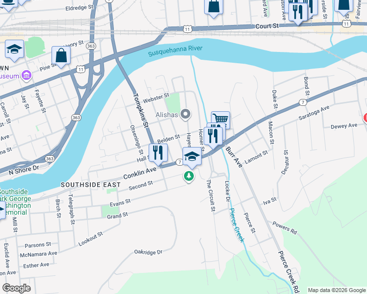 map of restaurants, bars, coffee shops, grocery stores, and more near 81 Baldwin Street in Binghamton