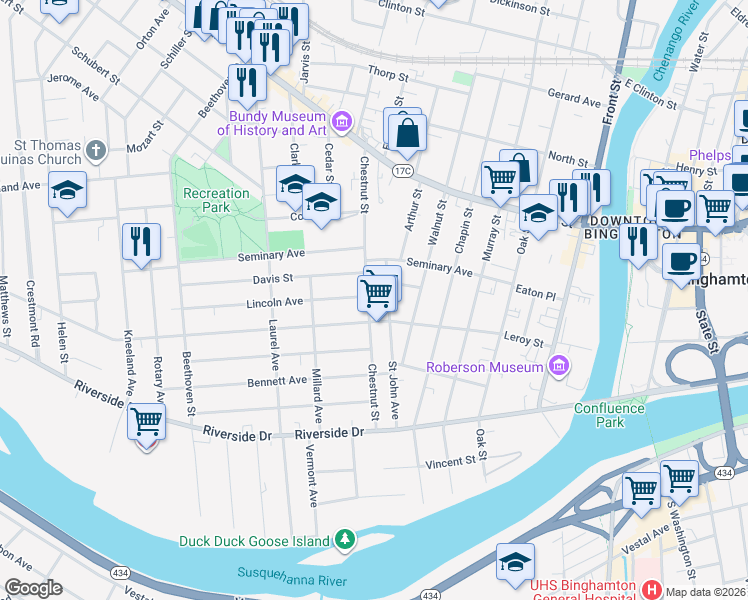 map of restaurants, bars, coffee shops, grocery stores, and more near 45 Chestnut Street in Binghamton