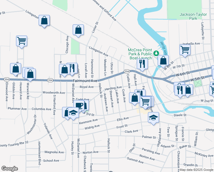 map of restaurants, bars, coffee shops, grocery stores, and more near 509 Harding Avenue in Jamestown