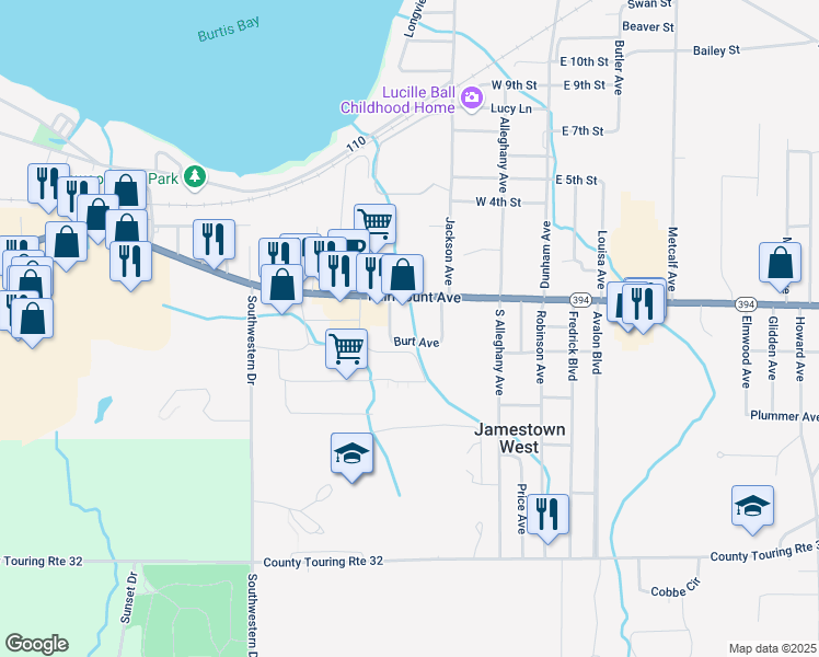 map of restaurants, bars, coffee shops, grocery stores, and more near 26 Burt Avenue in Jamestown