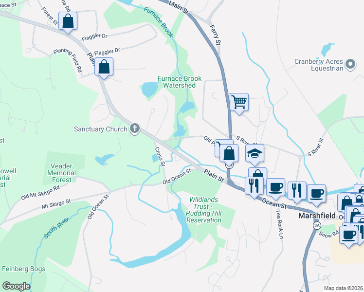 map of restaurants, bars, coffee shops, grocery stores, and more near 101 Old Plain Street in Marshfield