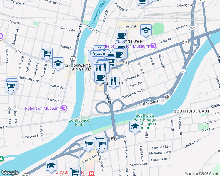 map of restaurants, bars, coffee shops, grocery stores, and more near 40 Hawley Street in Binghamton