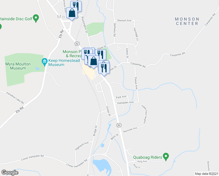 map of restaurants, bars, coffee shops, grocery stores, and more near 215 Main Street in Monson