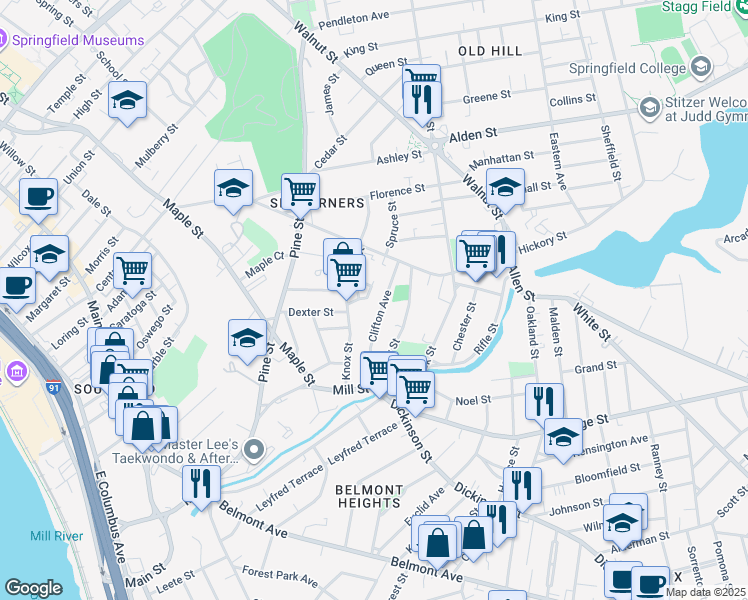 map of restaurants, bars, coffee shops, grocery stores, and more near 66-68 Clifton Avenue in Springfield