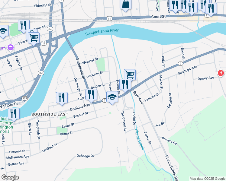 map of restaurants, bars, coffee shops, grocery stores, and more near 273 Conklin Avenue in Binghamton