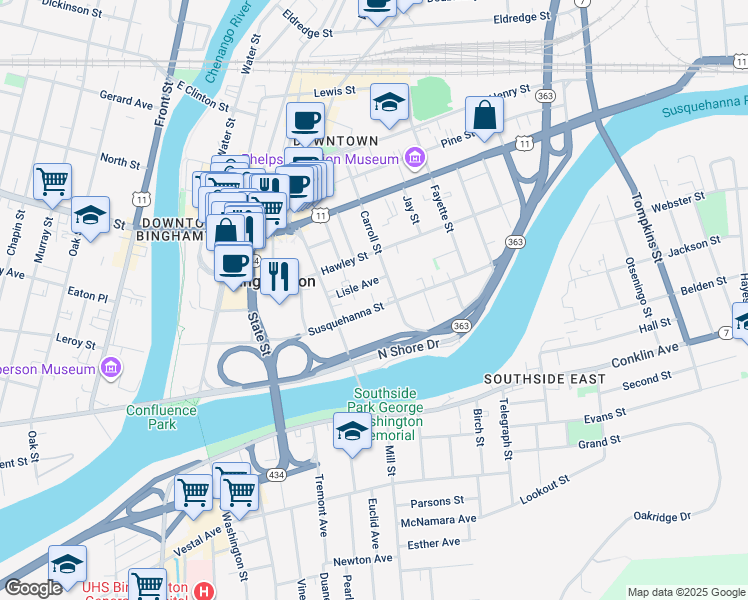 map of restaurants, bars, coffee shops, grocery stores, and more near 100 Susquehanna Street in Binghamton