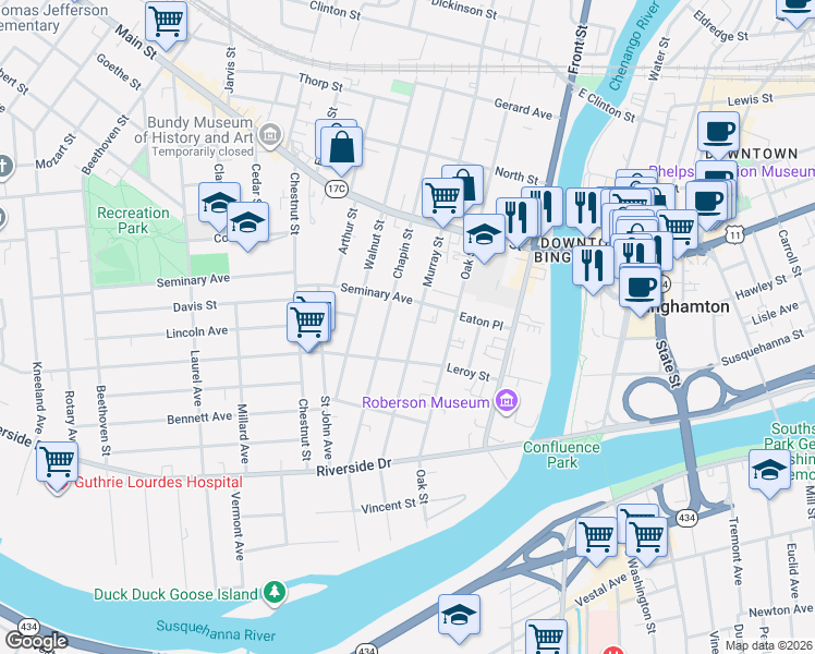 map of restaurants, bars, coffee shops, grocery stores, and more near 77 Murray Street in Binghamton