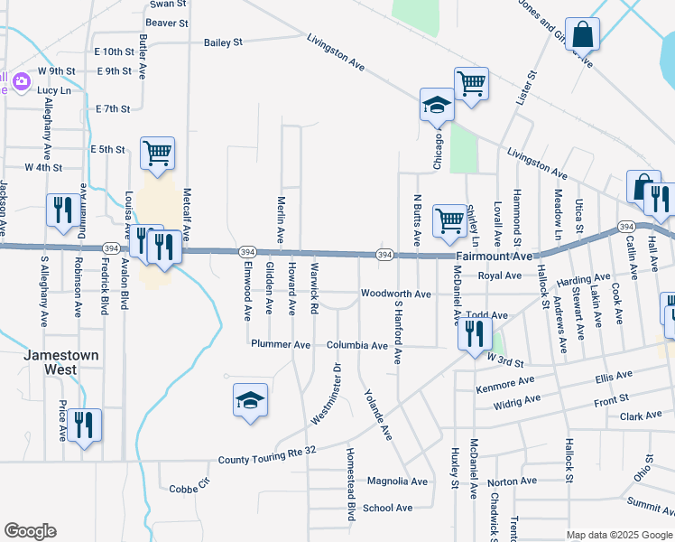 map of restaurants, bars, coffee shops, grocery stores, and more near 214 Woodworth Avenue in Jamestown