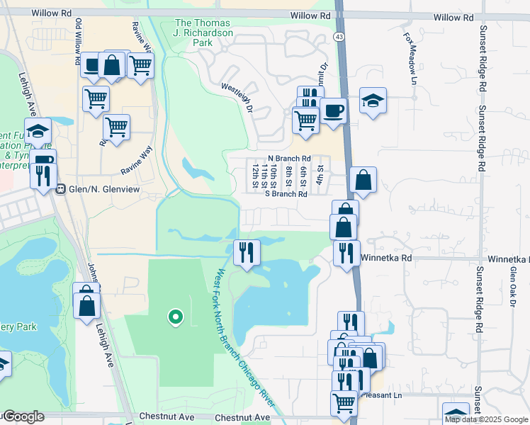 map of restaurants, bars, coffee shops, grocery stores, and more near 1833 Wildberry Drive in Glenview