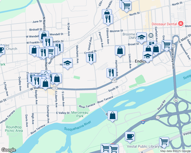 map of restaurants, bars, coffee shops, grocery stores, and more near Vestal Avenue in Endicott