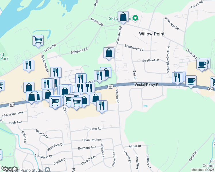 map of restaurants, bars, coffee shops, grocery stores, and more near 3208 Vestal Parkway East in Vestal