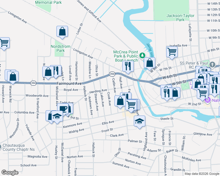 map of restaurants, bars, coffee shops, grocery stores, and more near 100 Cook Avenue in Jamestown