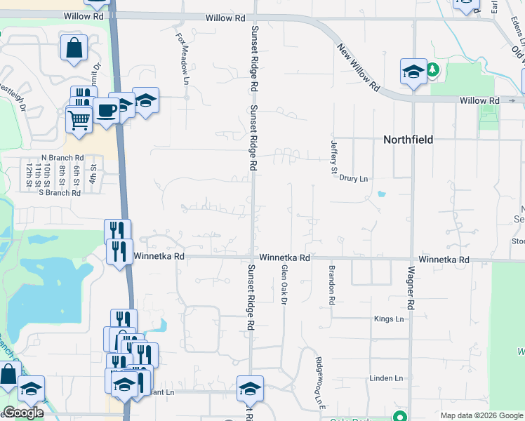 map of restaurants, bars, coffee shops, grocery stores, and more near 2301 Clover Lane in Northfield