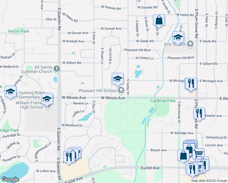 map of restaurants, bars, coffee shops, grocery stores, and more near 756 South Bennett Avenue in Palatine