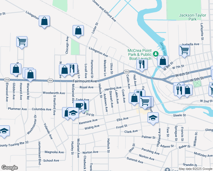 map of restaurants, bars, coffee shops, grocery stores, and more near 317 Fairmount Avenue in Jamestown