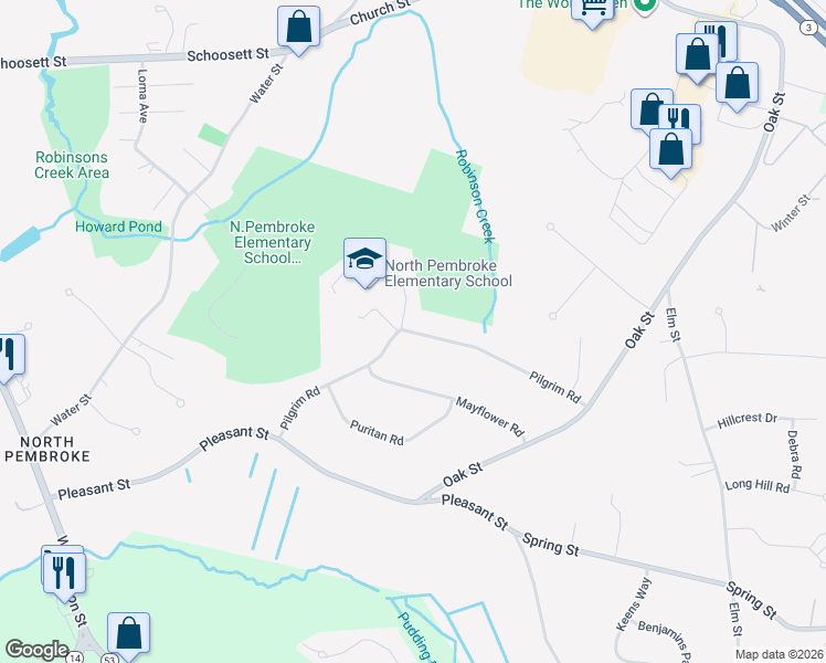 map of restaurants, bars, coffee shops, grocery stores, and more near 72 Pilgrim Road in Pembroke