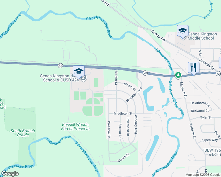 map of restaurants, bars, coffee shops, grocery stores, and more near 107 Winding Trail in Genoa