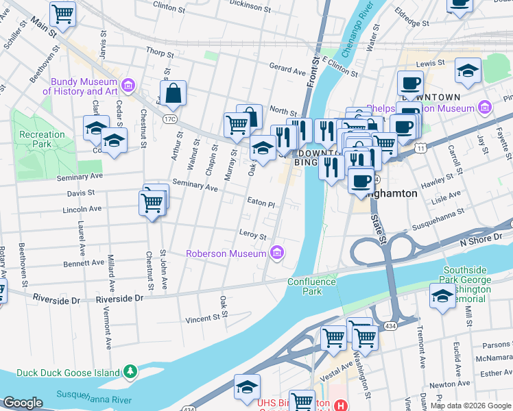 map of restaurants, bars, coffee shops, grocery stores, and more near 8 Florence Avenue in Binghamton