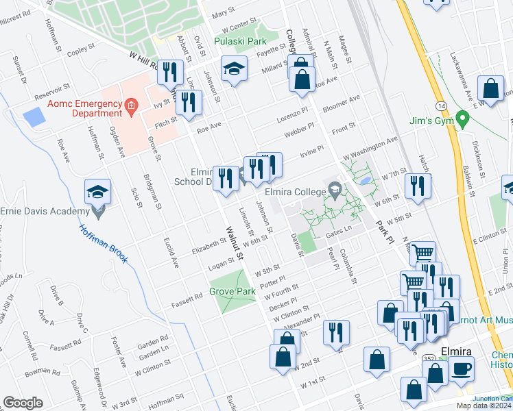 map of restaurants, bars, coffee shops, grocery stores, and more near 825 Johnson Street in Elmira