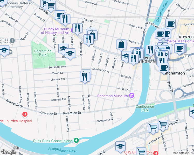 map of restaurants, bars, coffee shops, grocery stores, and more near 32 Walnut Street in Binghamton