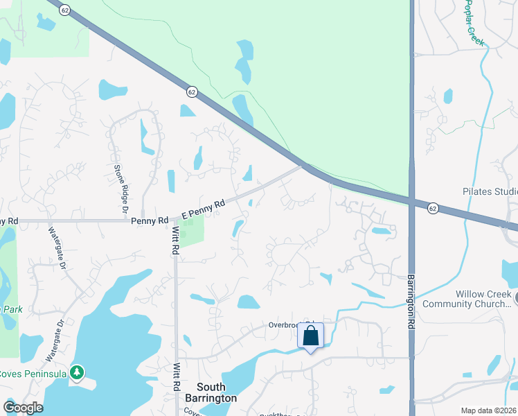 map of restaurants, bars, coffee shops, grocery stores, and more near 12 East Penny Road in South Barrington