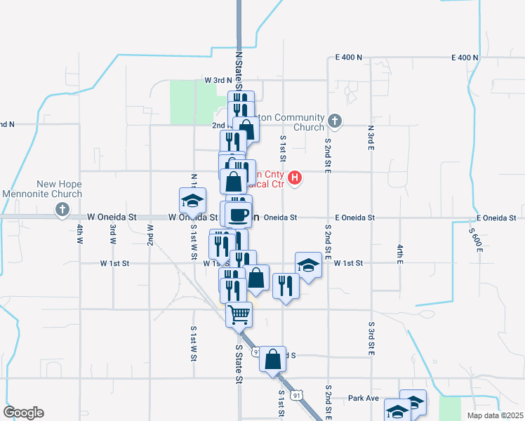 map of restaurants, bars, coffee shops, grocery stores, and more near 55 East Oneida Street in Preston