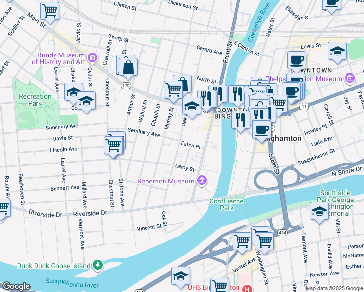 map of restaurants, bars, coffee shops, grocery stores, and more near 80 Oak Street in Binghamton