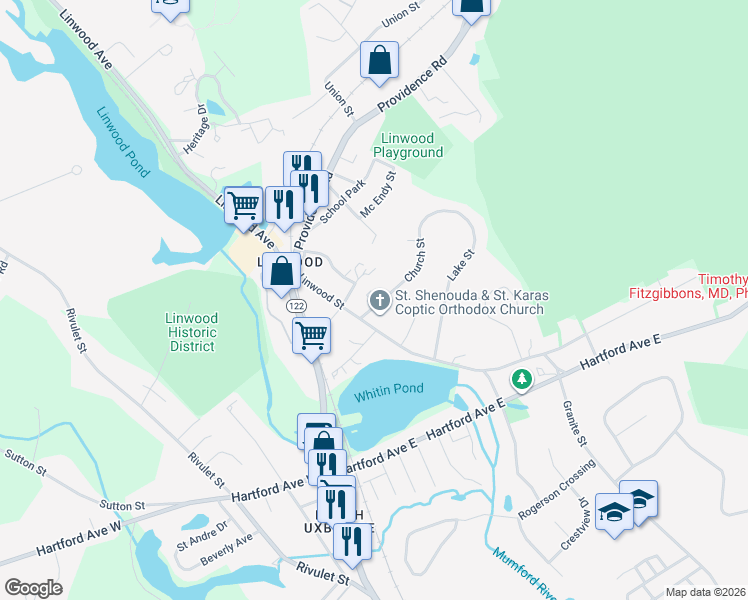 map of restaurants, bars, coffee shops, grocery stores, and more near 132 Linwood Street in Uxbridge