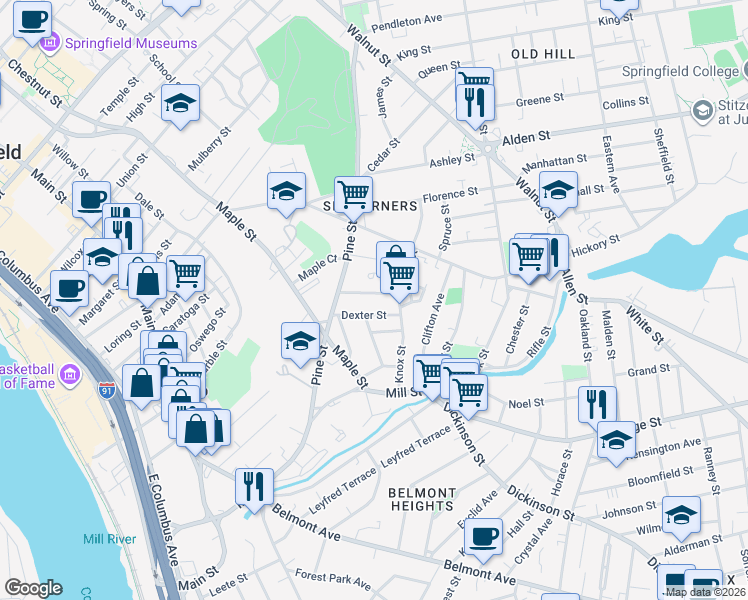map of restaurants, bars, coffee shops, grocery stores, and more near 55-57 Dexter Street in Springfield