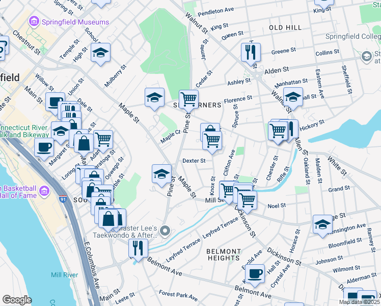 map of restaurants, bars, coffee shops, grocery stores, and more near 10 Dexter Street in Springfield