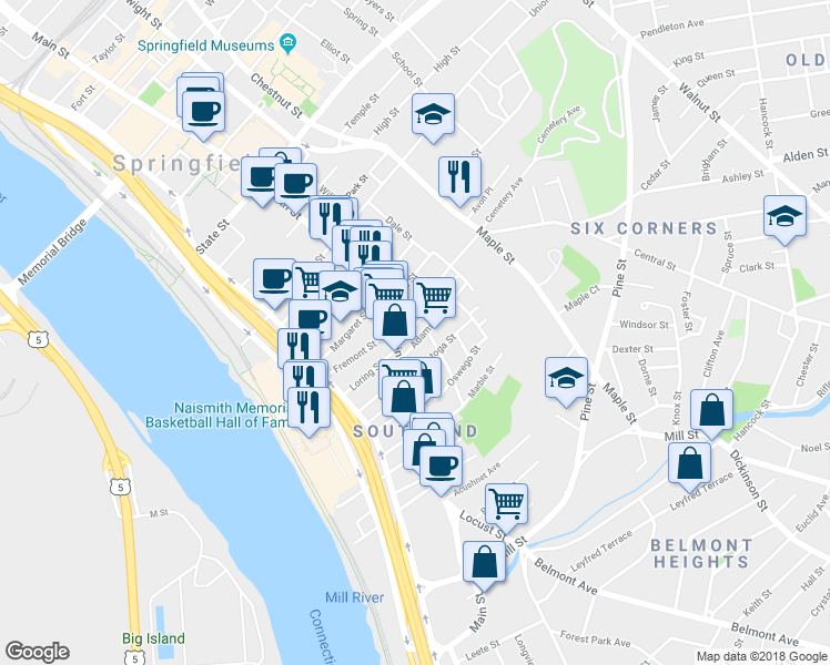 map of restaurants, bars, coffee shops, grocery stores, and more near 28 Saratoga Street in Springfield