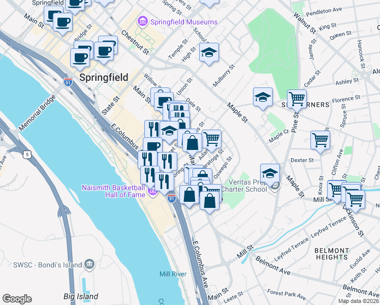 map of restaurants, bars, coffee shops, grocery stores, and more near 744 Main Street in Springfield