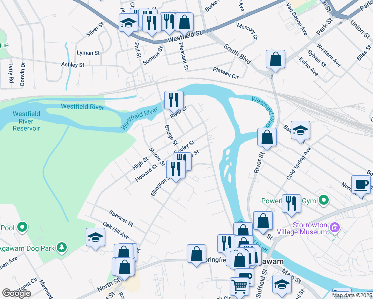 map of restaurants, bars, coffee shops, grocery stores, and more near 98 Bridge Street in Agawam