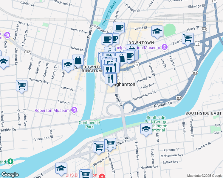map of restaurants, bars, coffee shops, grocery stores, and more near 1 Stuart Street in Binghamton